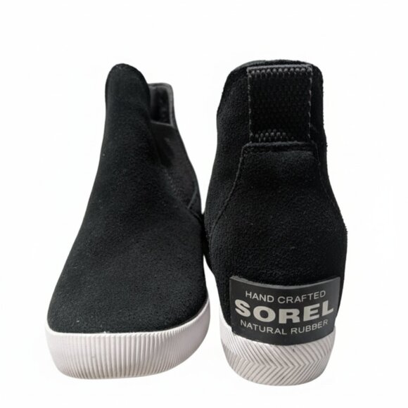 SOREL Out N About Slip-On Wedge Booties Black Suede Sneaker Ankle Boots Size 6 - Picture 1 of 15